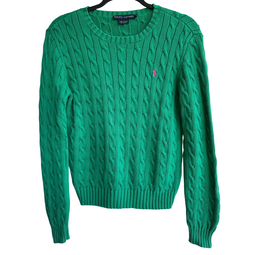 Ralph Lauren Vtg Y2K Green Cable Knit Cotton Sweater Pink Pony Logo Women Medium
